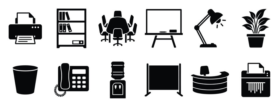 Office equipment and furniture glyph icons perfect for business presentations and corporate use