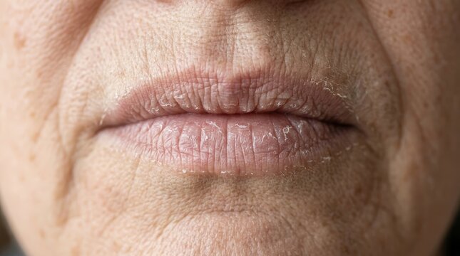 Extreme close up of dry and cracked lips on mature skin