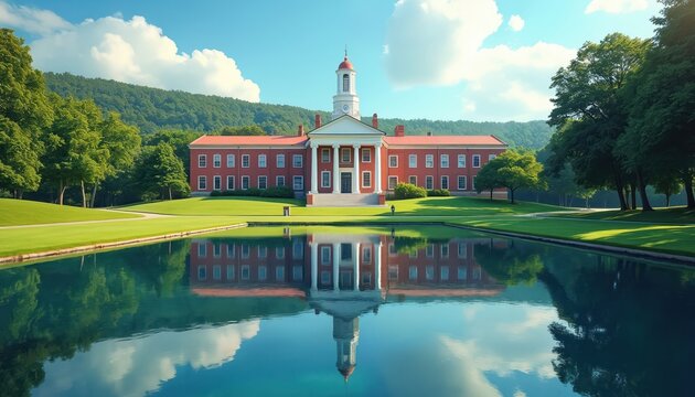 Historic red brick university building with white columns stands by calm pond reflecting sky, clouds. Rich green lawn, trees surround academic institution on sunny day. Peaceful campus scene ideal