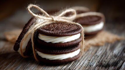 Naklejka premium Stack of Delicious Chocolate Sandwich Cookies Tied with Twine.