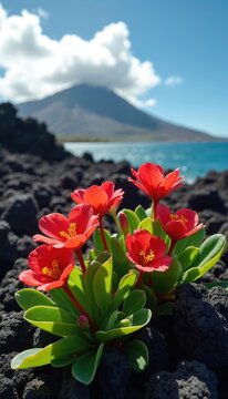 Red Ohia Lehua flowers grow on dark lava rock by blue ocean water. Distant volcano looms under cloudy sky. Wild nature blooms on volcanic island shore.