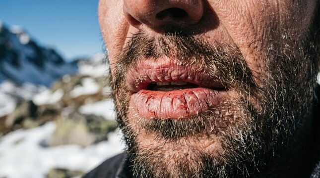 Close up of man with dry and cracked lips in winter mountains