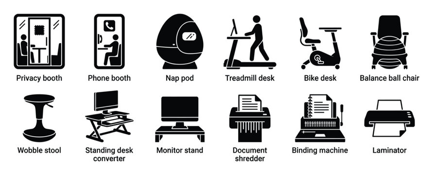 Workplace furniture and office equipment icons for productivity and comfort solutions