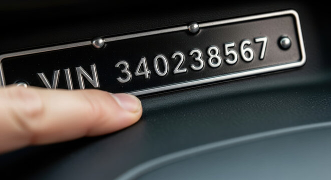 Car insurance accident estimate vehicle identification number closeup hand finger metal plate dashboard theft prevention claim