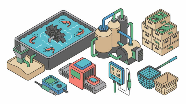 Isometric illustration of fish farm equipment.