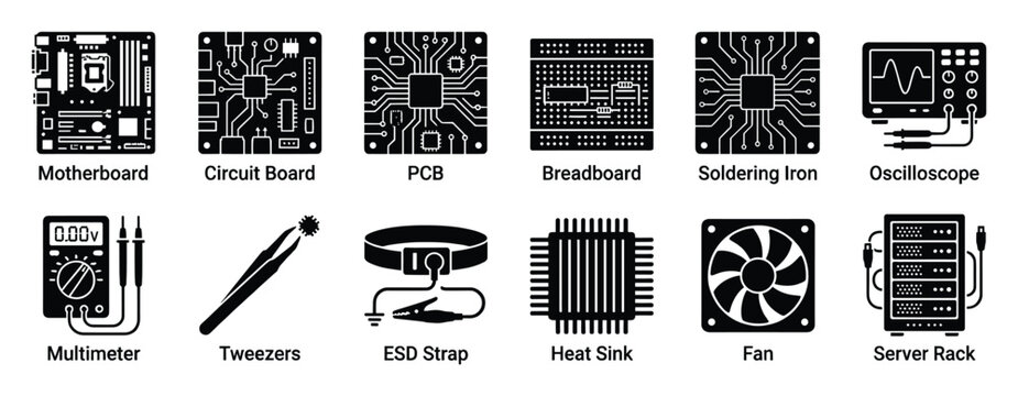 Electronics components and tools icons for computer repair and engineering applications