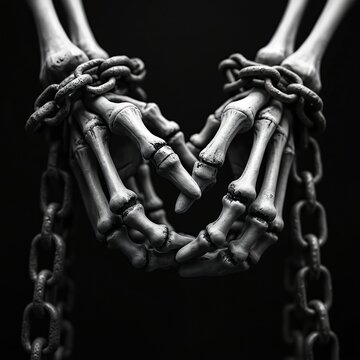 Monochrome skeleton hands linked by heavy chains. Bony fingers interlace creating a dark, dramatic art piece. Symbol of captivity, loss, or eternal bond.