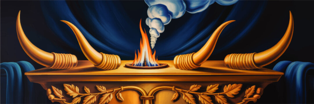 Golden altar of incense with burning flame and smoke, four ram horns, blue drapery, dramatic biblical fantasy illustration