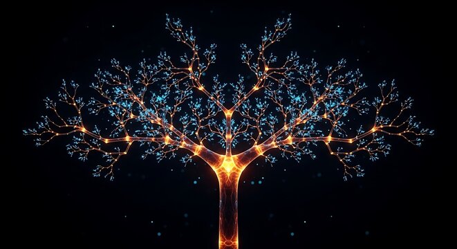Bioluminescent neural tree features a glowing amber trunk and cyan light particles representing data flow. High-contrast cinematic lighting highlights the symmetry. Ideal for data science marketing.
