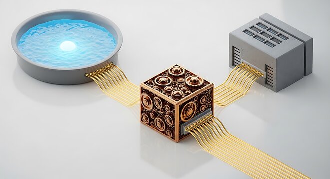Nanotechnology cube transfers data through golden ribbon cables between a luminous pool and a server block. Ideal for high-tech research and electronic engineering marketing.