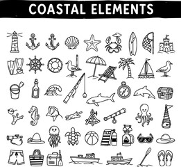 Hand-Drawn Coastal and Beach Elements Collection: Lighthouse, Sea Creatures, Boats, and Summer Holiday Items © jouleea