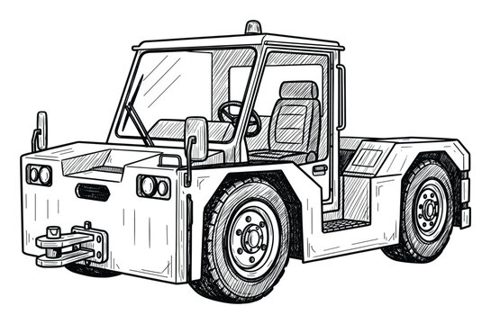 Detailed line drawing of an airport pushback tractor for aviation transportation and logistics themed designs