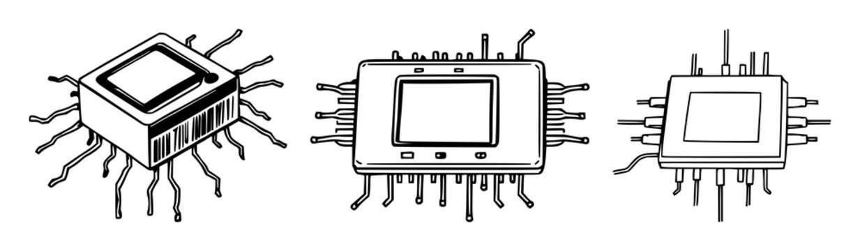 Microchip set with black line art on white background featuring circuit, semiconductor, electronic component with minimalist and vector
