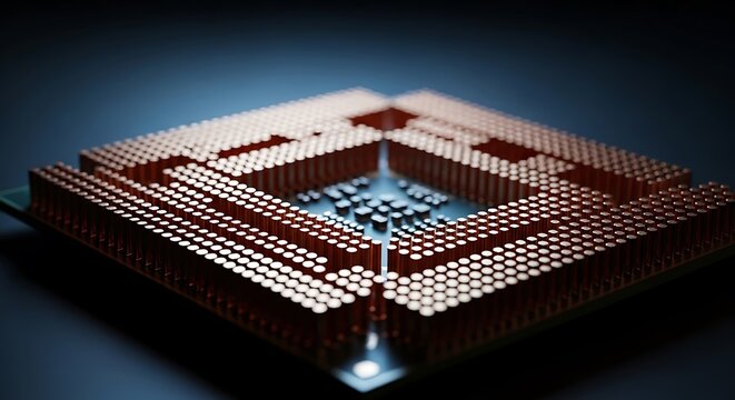 Copper processor pins arranged in a complex geometric grid with metallic texture and shallow depth of field. Ideal for IT infrastructure and hardware marketing.