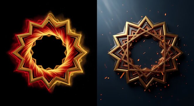 Octagram star frames feature a burning fire effect and heavy metallic textures on a dark background with cinematic lighting. Ideal for cultural celebration marketing.