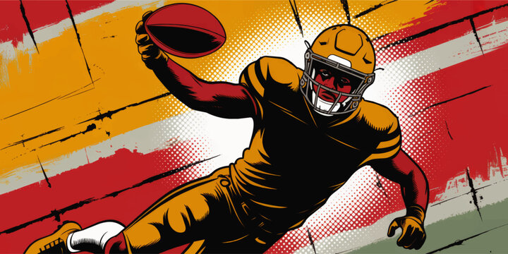 Dynamic American football player illustration in action pose, comic book style sports art with bold red yellow grunge background