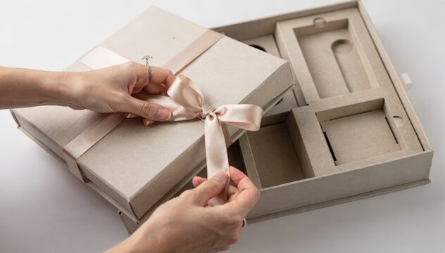 Medium shot showcasing the assembly of a premium rigid box with ribbon closure and custom insert trays emphasizing delicate ribbon tying and interior organization.