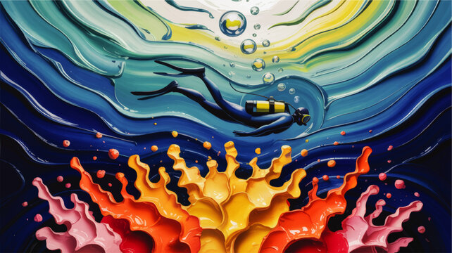 Colorful underwater diver exploring abstract coral reef, vibrant ocean waves and bubbles in modern fluid paint art illustration