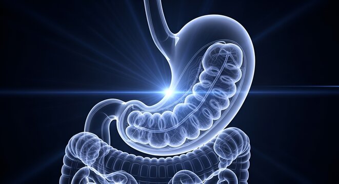 Advanced digital illustration showcasing the detailed structure of the human stomach highlighting internal anatomy and digestive