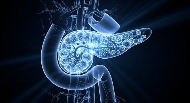 detailed medical visualization of human digestive system highlighting pancreas and intestines in glowing blue tones