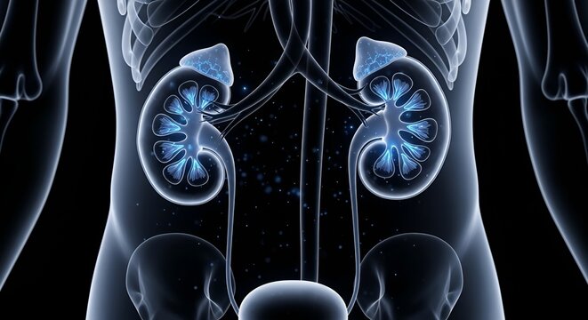 Detailed digital rendering of human kidneys highlighting the urinary system anatomy