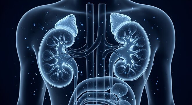 Detailed digital illustration of human kidneys with surrounding urinary system revealing internal anatomy and fluid flow pathways
