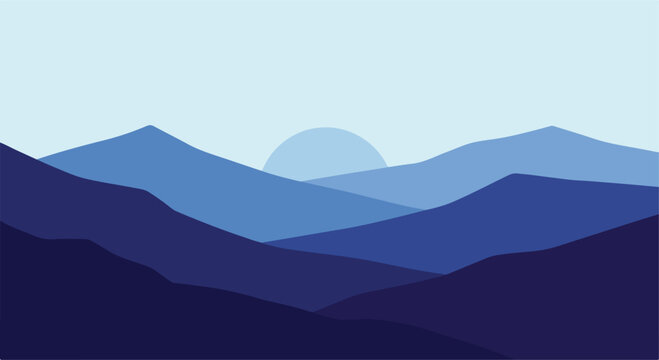 Minimalist blue mountain landscape with sun at dawn