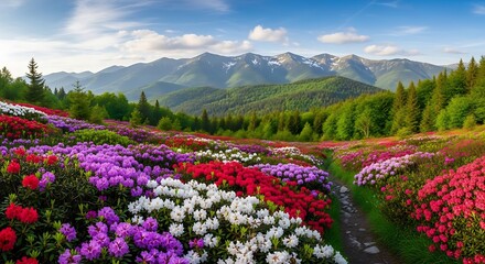 Obraz premium Colorful Wildflower Meadow Blooming Along Mountain Trail in Alpine Landscape