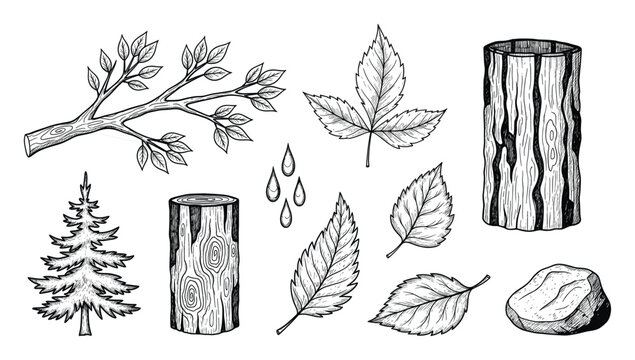 Hand drawn nature elements including trees leaves wood and rock for rustic design