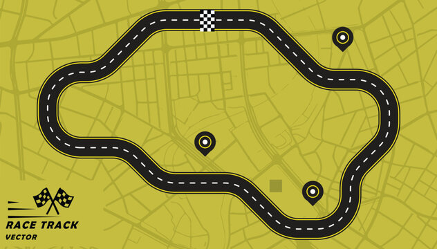 Creative vector illusion of race track or road symbol isolated on green background.