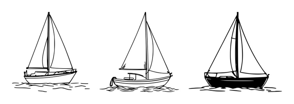 Sailboat set with black line art on white background, minimalist and geometric featuring nautical, classic, single hull with maritime and sail