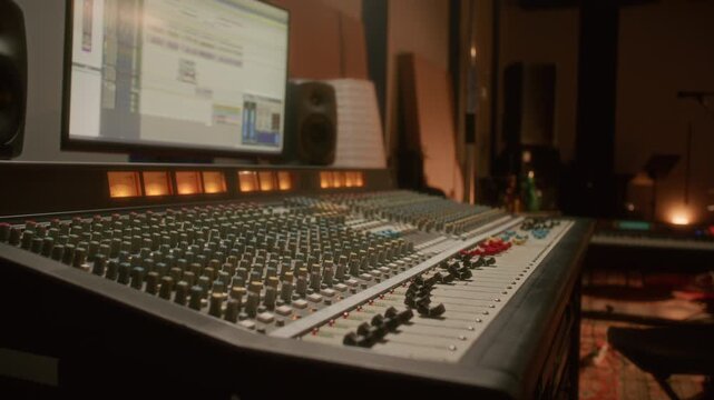Professional audio mixing console and monitor displaying music production software in modern recording studio during sound editing session. Close up shot