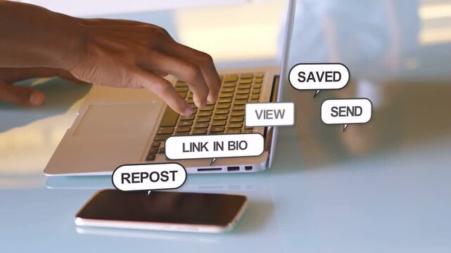 Adult hands typing at laptop, activating bubbles stacking by phone and over keys, driving marketing