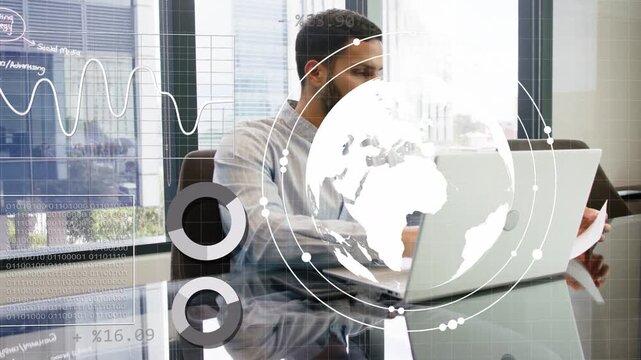 Man typing laptop sending biz data globe charts growing, partly hiding man then receding for report