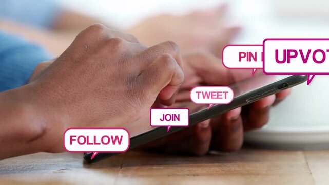 Primary hand tapping phone, starting FOLLOW JOIN CHAT badges sliding, growing, showing social reach