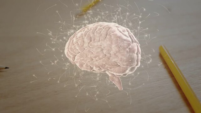 Cue starting pink brain holo rotating and sparking as yellow pencils passing showing brain activity