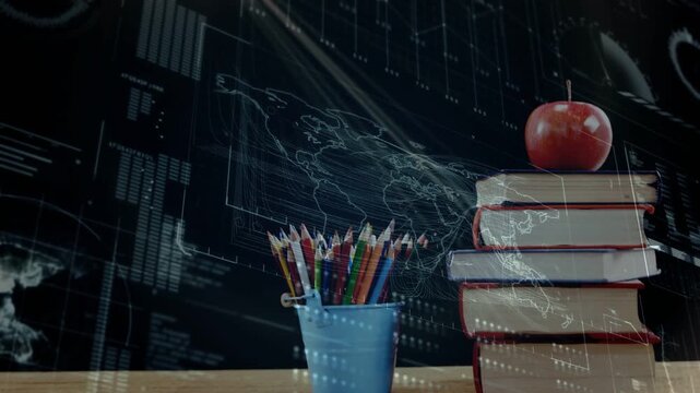 Camera pulling back revealing books and pencil cup with red apple, HUD sliding showcasing edtech