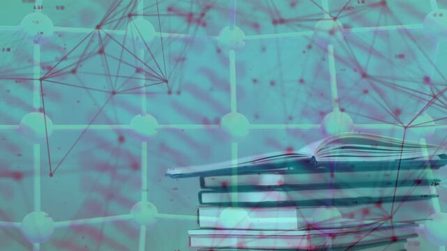 Camera shifting, revealing book stack lower-right teal lattice and purple mesh moving, showing data