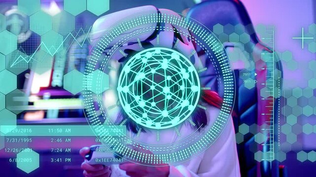 woman wearing VR gear making controller inputs adjusting holo hex HUD rotating globe for tech demo