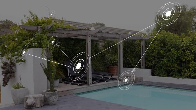 Single HUD element forming by pergola, hologram nodes spawning and linking across pool to map yard