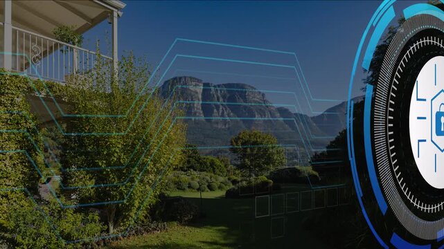 Padlock HUD emerging from right, rotating, sending paths forming security layer across garden view