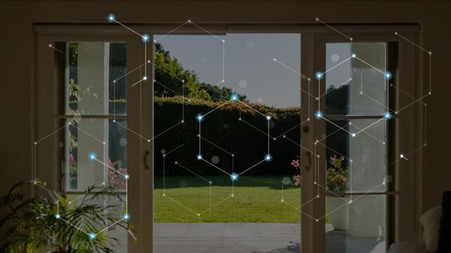 Sliding glass doors showing first node appearing, then nodes linking into hex mesh, showing network