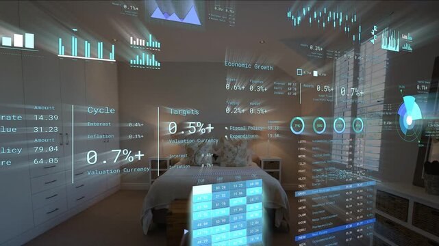 AR finance dashboard appearing after startup overlaying bedroom while updating targets for analysis