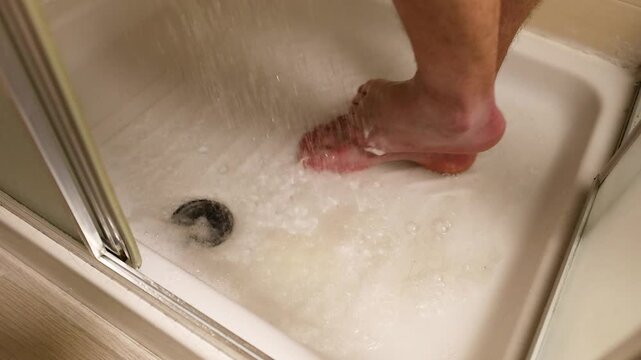 Man washing feet in shower stall with flowing water and soap foam in bathroom.