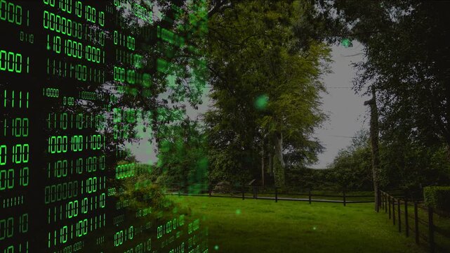 Green binary column appearing left, sending glowing motes across grassy lawn to show data overlay