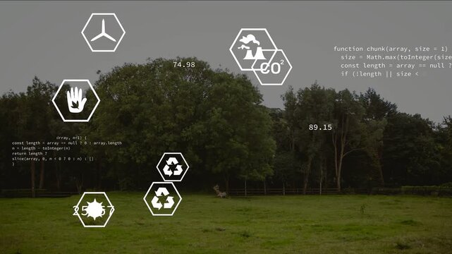 Hand hex appearing left, hex icons emerging, clustering, updating CO2 and energy reads over tree