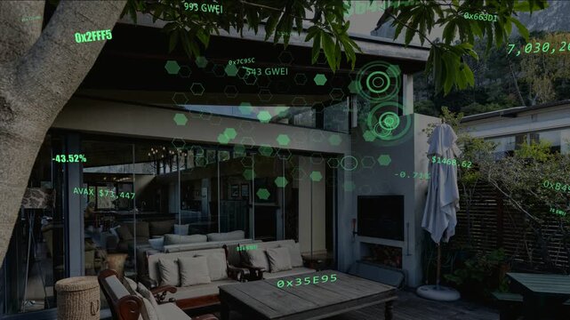 AR overlay activating on scan, filling patio scene with green hexagon grid and showing spatial data