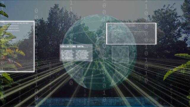 Teal globe fading rotating emitting rays making panels analysing data shrinking left revealing pool