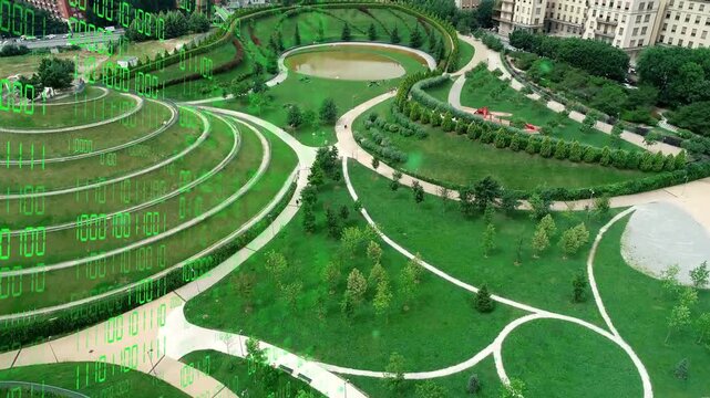 Aerial camera panning upward, receding binary overlay revealing terraced park layout for survey