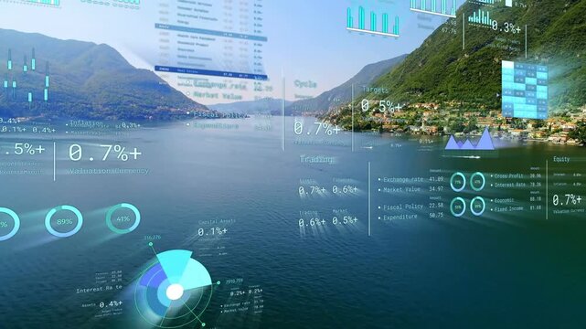 Sequence starting aerial lake and hills showing HUD overlays growing, turning, forming dashboard